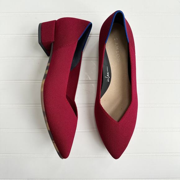 Rothy's Shoes - Rothy's Pointed Toe Low Block Heel Pumps in Burgundy with Blue Trim